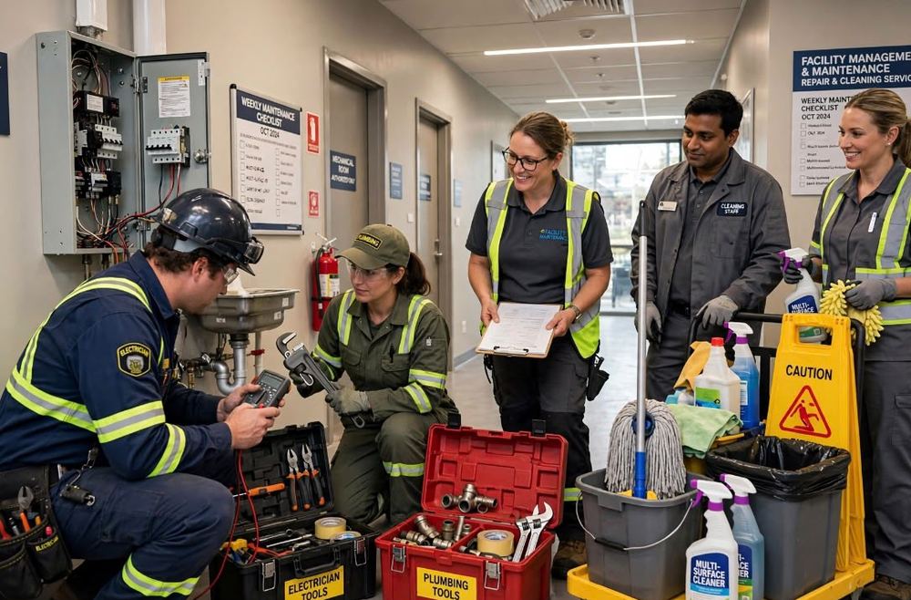 Electrician, plumber and facility staff working with their tool kits