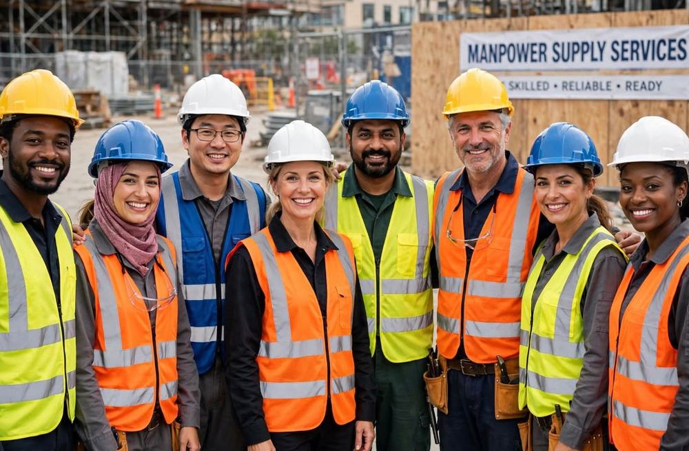 Team of workers in hard hats and safety vests at a construction site