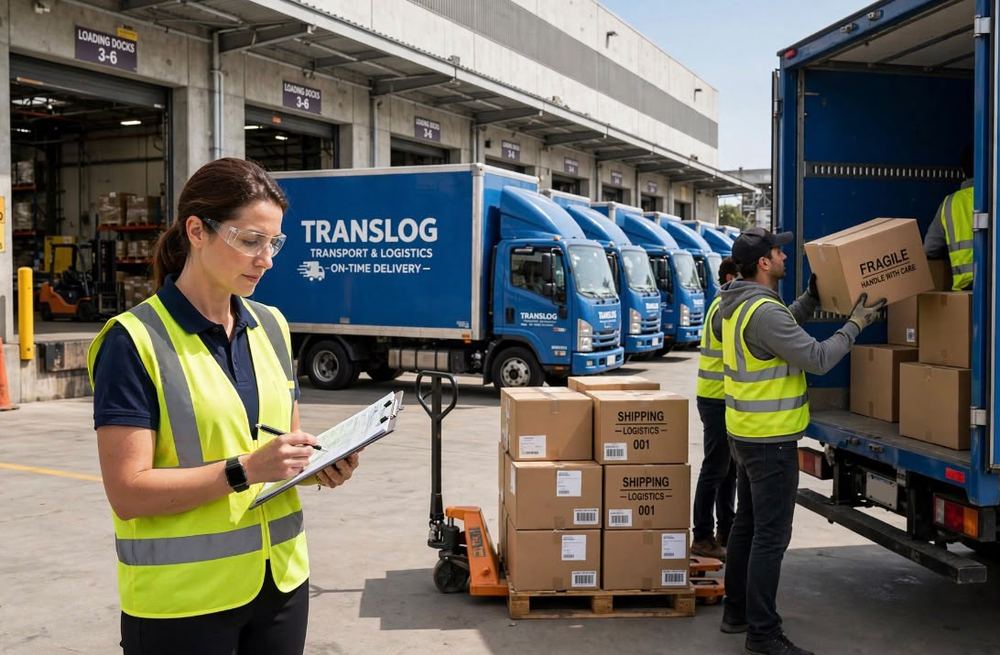 Crew loading parcels into a box truck at a warehouse loading dock