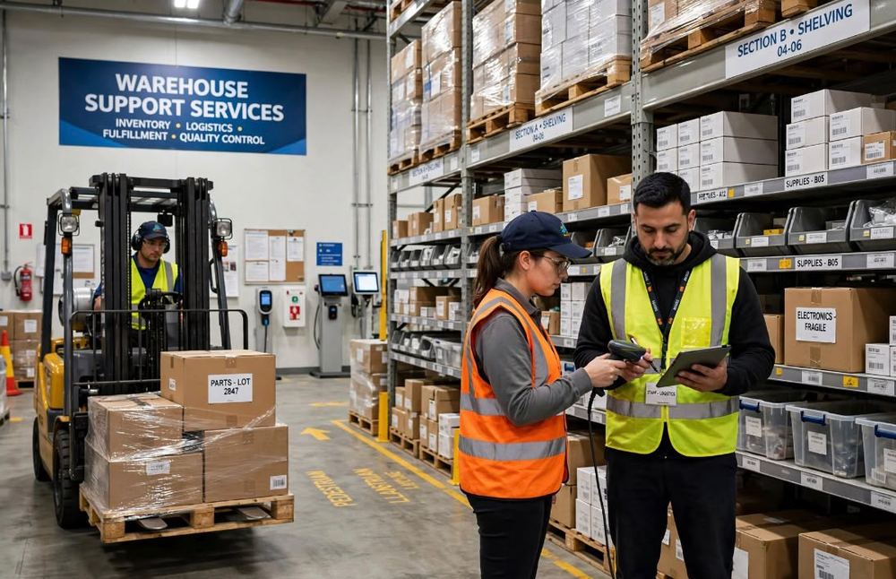 Warehouse staff scanning stock beside racking while a forklift moves a pallet